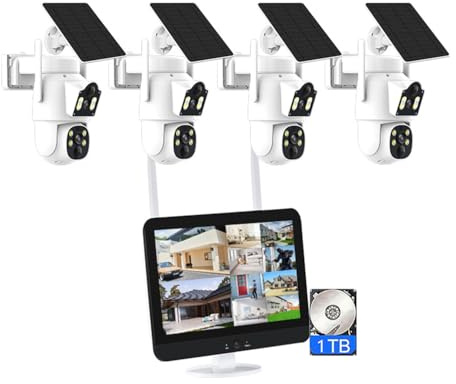 AKAVIG Sistema de cámara de seguridad de doble lente de 4 canales de energía solar de 4 MP con monitor LCD de 12 pulgadas NVR y disco duro 2T, kit de cámaras de vigilancia solar WiFi inalámbricas NVR