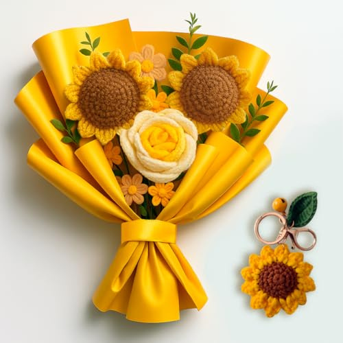AMARILO - Crochet Flower Bouquet with Sunflowers – Handmade Yarn Flowers with Gift Box & Sunflower Keychain, Cute Crochet Flowers for Birthday, Mother’s Day, Get Well or Room Decor