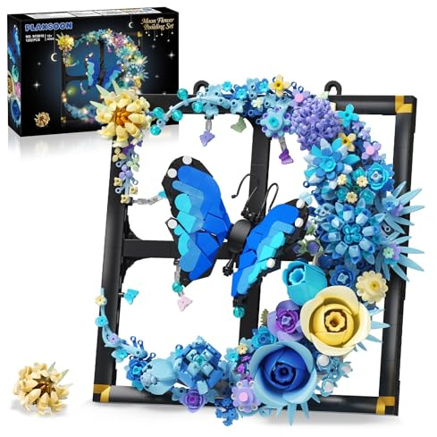 PLAXSOON Mond Blume Bauspielzeugset Klemmbausteine für Erwachsene mit Licht | Blume Bausteine Wandkunst mit Schmetterling, Botanical Kollektion Bauklötz Home Dekor, Geschenk für Frauen Jungen Mädchen 12+