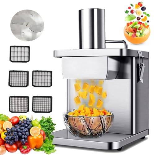 Affettaverdure elettrico multifunzione per uso professionale e domestico, include lame multiple per varie dimensioni di taglio, ideale per carote, patate e cipolle