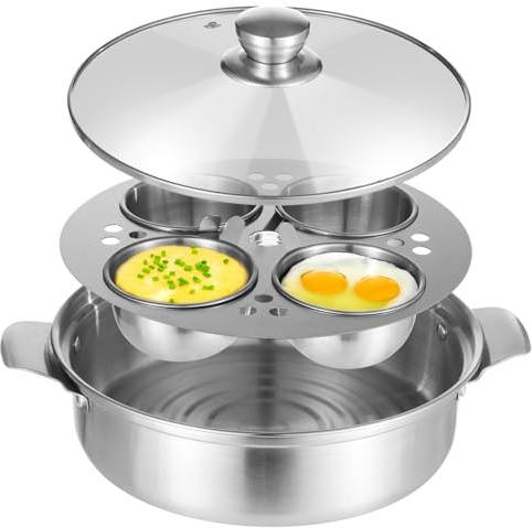 Stainless Steel Egg Poacher Pan with 4 Cups, Double-Layer Steamer Pot for Stove or Induction, 9.4×2.6 in