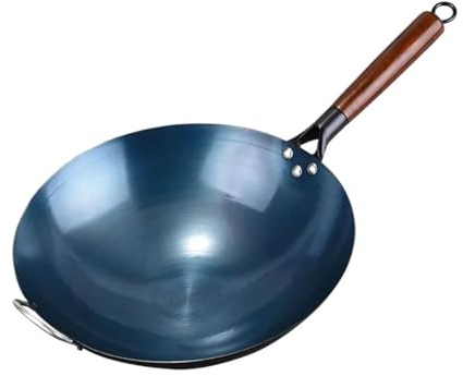 Wok in ferro antiaderente non rivestito, padella in ferro per uso domestico, manico in legno, fondo rotondo, pentole da cucina per fornelli a gas (40 cm)