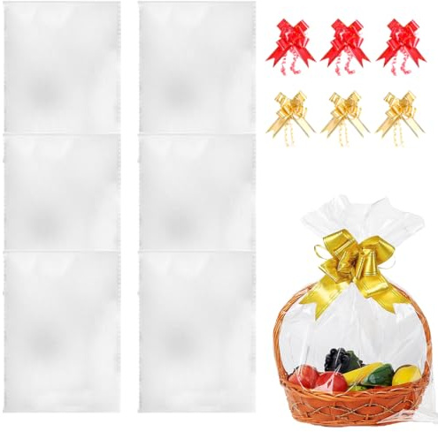 OUDQFCJ Set di Sacchetti in Cellophane, 6 Pezzi, per Cesti Regalo, 10 Fiocchi e Lacci, carta celofan per confezioni e imballaggio, sacchetti trasparenti per regali e bouquet natalizi (50 x 60 cm)