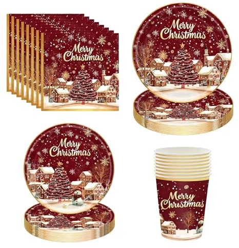 96 Pièces Vaisselle en Papier de Noël, 24 x 9 Pouces Assiettes à Dîner, 24 x 7 Pouces Assiettes à Salade, 24 x 270ml Tasses, 24 x Serviettes, Décoration de Fête Thématique Pour 24 Invités