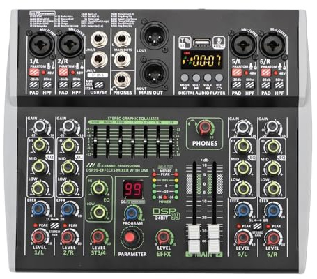 4/6 Channels Mixing Console 48V 99 Effect Bluetooth Audio Mixer USB PC Play Record Sound Table For Church Home Easy To Use(6 Channel)
