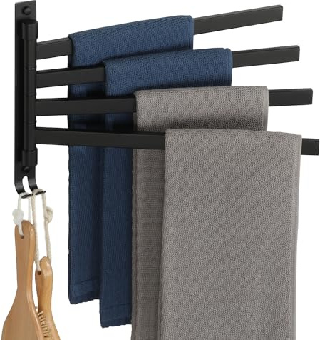 SAYAYO Porte Serviette avec 4 Barres 180° Rotatives, Support Sèche-Serviettes Mural en Acier Inoxydable SUS304, Idéal pour Salle de Bain et Cuisine, Noir Mat Montage par Vis, EGKN2520HD-4-B | Porte-serviettes pour bidet à 4 bras, 35 cm, en acier inoxydable 304, pour cuisine, salle de bain