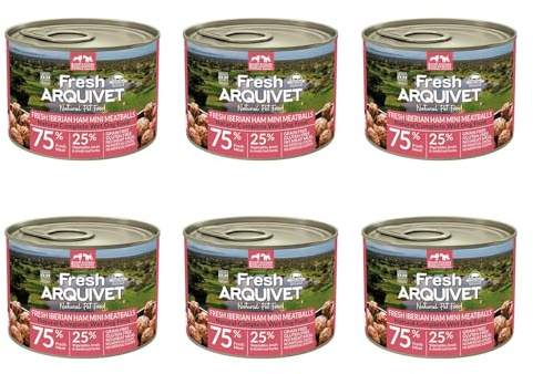 ARQUIVET - Lot de 6 boulettes fraîches de Jambon ibérique - Boîtes de Mini boulettes de Jambon ibérique - Boîtes de 200 g - Nourriture Humide pour Chiens, Toutes Races