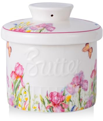 AMIEENOR Beurrier Breton à Eau en Céramique – Conserve le Beurre Mou et Frais sans Réfrigérateur – Motif Floral et Papillons – Beurrier Français en Porcelaine de 200ml pour Plan de Travail