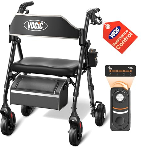 VOCIC Z63 Rollator Faltbar Leicht mit Sitz,4-stufig Einstellbar Widerstand