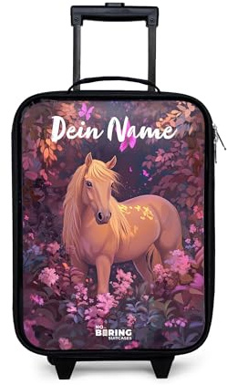 NoBoringSuitcases.com® Kinderkoffer Klein Personalisiert mit Name 48x31x19 cm Rollkoffer Kleiner Kinder Koffer mit LED Rollen für Kind Suitcases Pferd - Blumen - Lila - Schmetterling