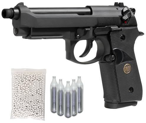 M92 pistola softair CO2 bundle 5 bombolette, 1000 pallini 6mm, caricatore metallo 21 colpi, slitta 20mm, 220mm, 1050g, POTENZA 0,9 JOULE (BUNDLE M92 FULL METAL SCARRELLANTE)