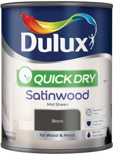 Black Quick Dry Satinwood Paint 750ml | Interior Wood and Metal Paint | Durable Mid Sheen Finish | Fast Drying Trim Paint for Doors Skirting Boards Cupboards and Furniture