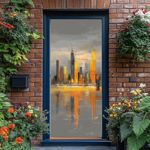 Türtapete Selbstklebend 77 x 200 cm Stadtarchitektur Skyline Wolkenkratzer Grau Gelb, Türfolie Poster PVC Wasserfest für Schlafzimmer Wohnzimmer Kinderzimmer Küche Türaufkleber Bad Tür Dekoration