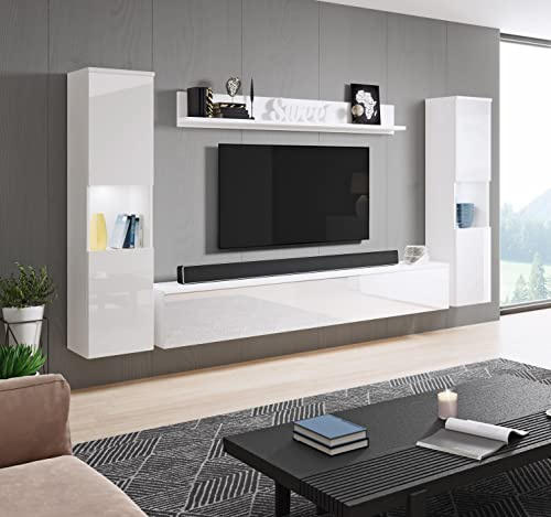 Muebles Slavic Ensemble de Meubles de Salon Paris, Meuble TV Rangement pour Salon, Design Mural Suspendu, Vitrines et Étagère, Tiroirs Push-to-Open, Stratifié, Blanc et Blanc Brillant