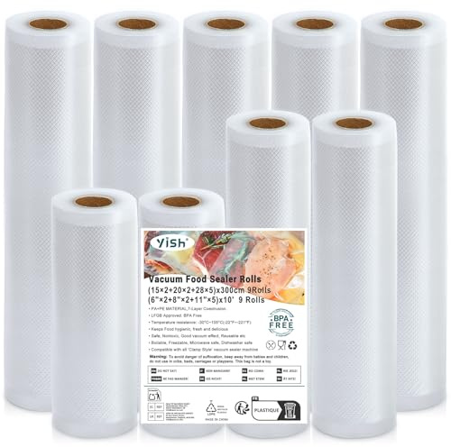 YISH 9 Rollos Bolsas de Vacío para Alimentos, 15/20/28cm x 300cm Rollos Envasadora al Vacío, Rollos al Vacio para Cocción Sous Vide y Conservación de Alimentos