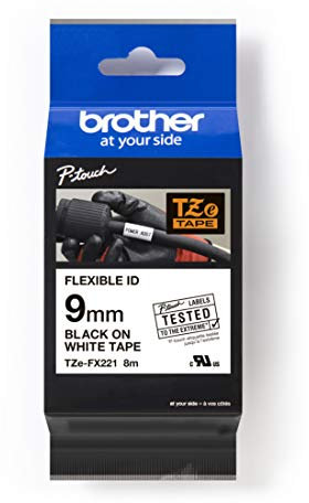 Brother Original P-touch Schriftband TZE-FX221 9 mm, schwarz auf weiß (u.a. für Brother P-touch PT-H100LB/R, -H105, -E100/VP, -D200/BW/VP, -D210/VP) zur Kabel- und Rohrbeschriftung, laminiert