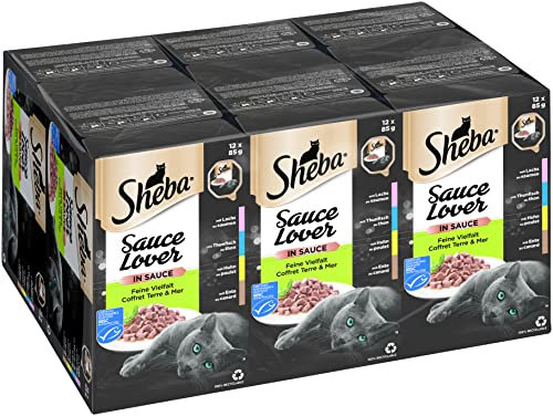 SHEBA Katzenfutter nass - 72x85g Schalen - Feine Vielfalt in Sauce - mit Lachs, Thunfisch, Huhn und Ente - Nassfutter für Katzen - 1 Großpackung