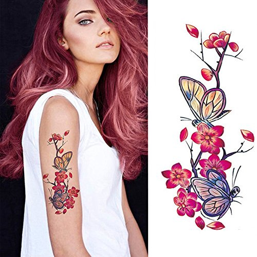 EROSPA® Tattoo-Bogen temporär - Motiv Blumenranke Schmetterling lila - 9 x 19 cm