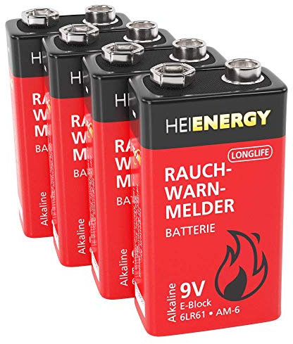 HEITECH 9V Batterie für Rauchwarnmelder - 4× Alkaline 9V Block Batterien langlebig & auslaufsicher ideal für Feuermelder, Bewegungsmelder, Rauchmelder, Alarmanlagen & Kohlenmonoxid Warnmelder