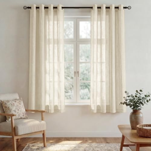 PONY DANCE Voile Curtain - Kitchen Window Decoration Half Transparent Voile with Eyelets Soft Draperies Cross Pattern Decor for Living Room, 132 x 137 cm, Beige, Pack of 2