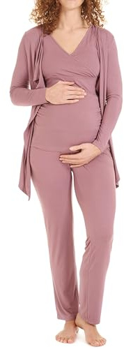 Herzmutter mammapyjamaset för kvinnor - ammande pyjamas i tre delar - graviditets wellness set - loungewear för graviditet och amning - kofta med byxor – 8100 (Dammig rosa, XL)