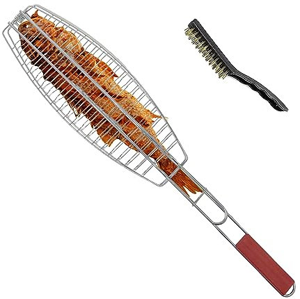 VR7 BBQ Fish Grill Basket with Wooden Handle - Wire Mesh, Foldable, Stainless Steel, Portable Barbecue Grill Accessories