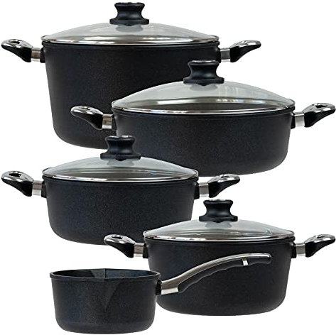 BAF beschichtetes Aluguss Topfset 9-teilig Bratentopf 24 cm + 28 cm, Kochtopf 24 cm, Gemüsetopf 28 cm & Stieltopf 18 cm-versiegelter Aluminiumguss