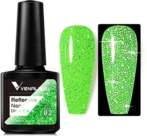 VENALISA Neon Green Reflective Glitter Gel Polish Sparkling Shiny Disco gel Nail Polish Long Lasting soak off Nail Drying Under UV LED Lamp Nail Art Summer Nail Salon Birthday gift