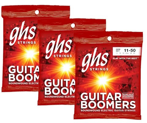 GHS Strings, GBM Boomers, Nickel Plated Steel Electric Guitar Strings, Legendary Strength, Consistent Intonation, Long Lasting Brightness, Tone & Sustain. For 6-String Guitar, 11-50 Med. Gauge, 3 Pack