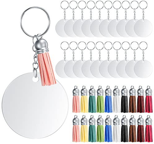 PIANKEKE 80 Stück Acryl Schlüsselanhänger Rohlinge Set, mit 20 Bunt Quasten Anhänger, 20 Acryl Rohlinge Schlüsselringe mit 20 Kette und 20 Biegeringe, für DIY Schlüsselbund Basteln