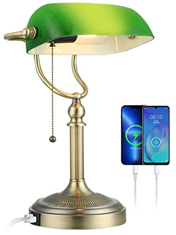 Newrays Green Glass Bankers Desk Lamp with Pull Chain Switch Plug in Fixture,USB Fast Charging Port