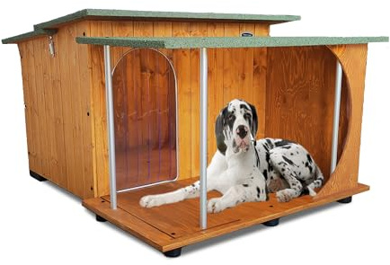 Hundehütten Hundehaus Hundehöhle mit Veranda Aus Massiv Holz Echtholz Geshenk THERMOVORHANG Made in Italy Mod. Italy E - Deutsche Dogge 121x140xH86