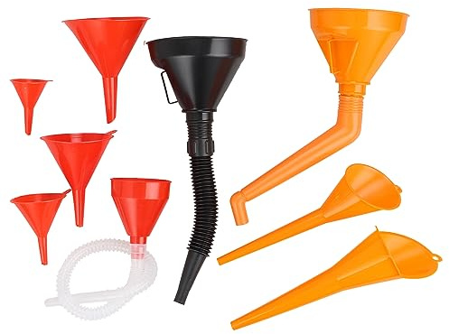 VIDETOL Lot de 9 entonnoirs universels en plastique flexible à angle droit pour voiture avec bec amovible et entonnoirs à longue ouverture pour moto, voiture