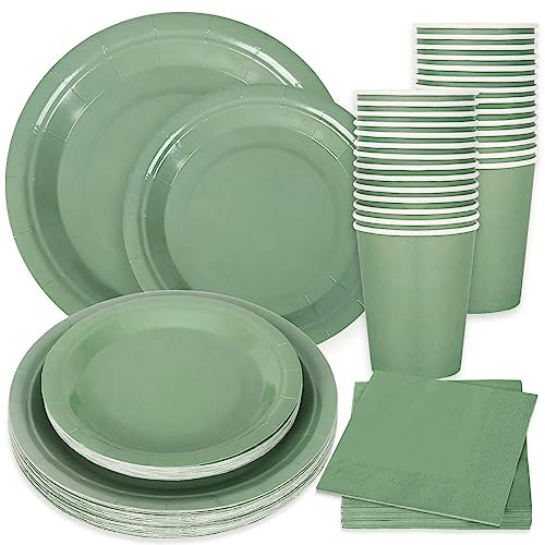 Whaline 100Pcs Sage Green Tableware Set Wedding Disposable Dinnerware Set 50Pcs Paper Plates 25Pcs Napkin 25Pcs Cups for Wedding Birthday Bride Shower Party Supplies Table Decorations