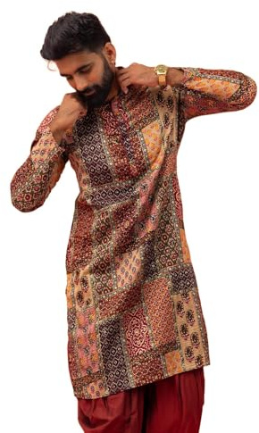 KISAH Men's Kurta, Cotton, Full Sleaves, Knee Ength, Straight, Regular Fit, Mandarin Collar Ethnic Casual L Maroon & Thanksgiving