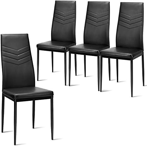 GiantexUK Dining Chairs Set of 4, Upholstered Kitchen Chairs with High Backrest, Metal Legs & Non-Slip Foot Pads, Breakfast Side Chairs Seating for Home Living Room Lounge (PVC, 40 x 48 x 98cm, Black)