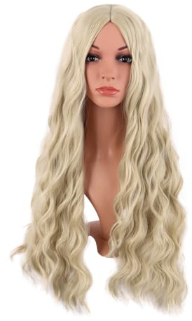 MapofBeauty 28 Pulgada/70 cm Largo Wavy Pelucas Middle Part Sintética Fibras Rizo Cabello Reemplazo Peluca Para Fiesta de Cosplay Diario (Dorado)
