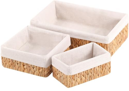 OUTBROS Juego de Tres Piezas Cesta de Almacenamiento, Contenedores Tejidas Apilables, Caja Rectangulares de Mimbre, Organización del Espacio del Baño, Jacinto de Agua, STB202-H