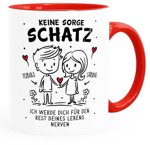 SpecialMe® Tasse Geschenk Liebe Lustig Keine Sorge Schatz Strichmännchen Paar mit Namen Jahrestag Valentinstag weiss-innen-rot standard