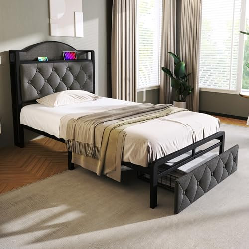 KUAKE Polsterbett Einzelbett 90x200, Metallbett mit Schubladen Stauraum, Kopfteil mit USB/Typ-C Ladefunktion, Bettgestell mit Lattenrost aus Metallrahmen, Stauraumbett, Ohne Matratze(Grau, 90x200CM)
