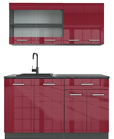 Vicco Singleküche R-Line, Rot Hochglanz, 140 cm | 4 Module · Höhenverstellbare Füße · AP Anthrazit inkl. · Robuste Fronten · Mit Glasschrank · Frei kombinierbar