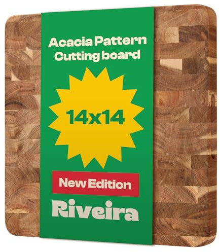 Riveira Tagliere in legno di acacia – Gourmet Acacia Grandeur: 14 x 14 – Tagliere in legno naturale per cucina decorativo – innovativo tagliere in legno di acacia con scanalature per succhi