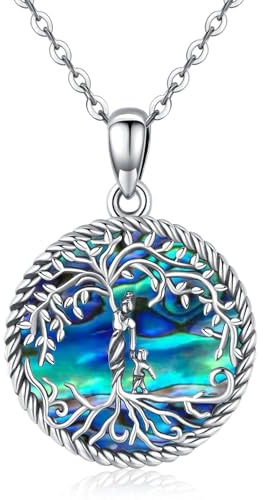 Friggem Collana con Ciondolo Madre e Figlio in Argento 925, Collana da Donna con Albero della Vita con Conchiglia di Abalone Regali di Gioielli per la Festa della Mamma per Mamma Figlia Sorella