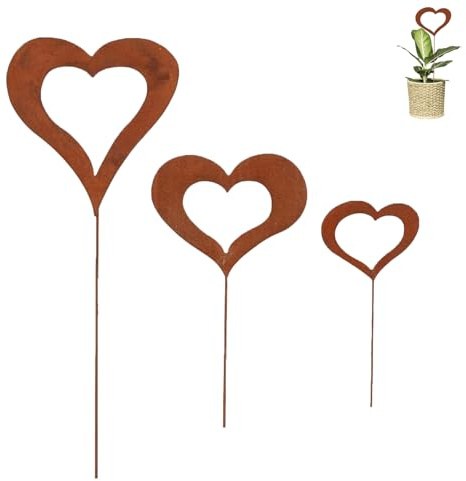 3er Set Herzen Stecker Gartendeko, Pflanzenstecker Metall Stahl Rost Edelrost Wetterfest FüR Garten Beet Blumenstecker FüR Garten Terrasse Ausgefallener Grabschmuck | Eisen Material, Wetterfest Stahl Rost, 20L x 8B cm, Ausgefallener Grabschmuck