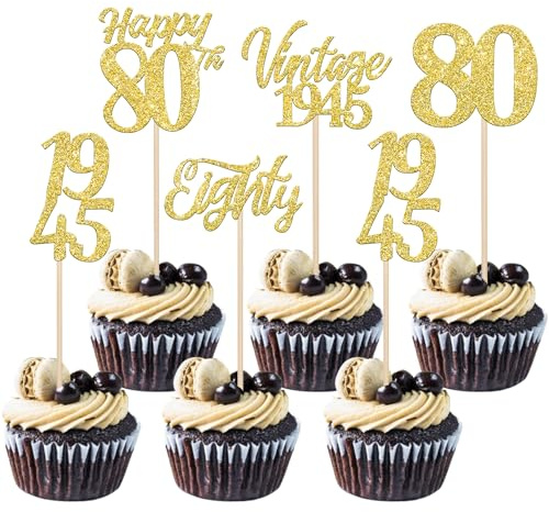 30 Pack Happy 80th Birthday Cupcake Toppers Cheers to 80 Vintage 1945 Cupcake Picks Hello 80 Eighty 80th Birthday Decorations for 80th Wedding Anniversary Birthday Party Cake Decorations Gold