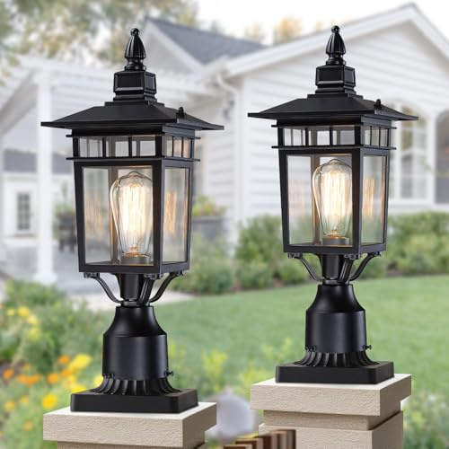 17.6'' Outdoor Post Light 2 Packs, Black Pole Lantern Lighting Fixture Hard Wired, Aluminum Waterproof Outdoor Column Lights Exterior Lamp Post Lantern with Glass for Garden(Not Include Mounting Base)
