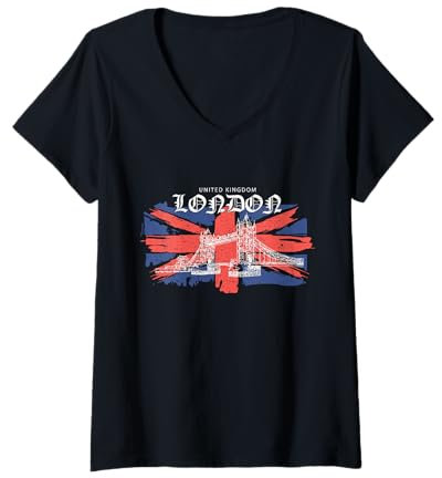 Femme Typographie vintage London Bridge sur drapeau du Royaume-Uni T-Shirt avec Col en V