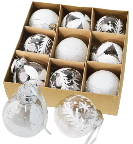 9 Weihnachtskugeln – 6 cm, Transparente Kugeln mit weißem, schneeflockenähnlichem Flockendesign, 3 Stile – Elegante Winterdekoration für Weihnachtsbaum, Kunststoff Christbaumkugel, Weihnachtsdeko