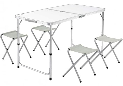 Mi Ko Mi Ka Mesa Plegable XXL de Aluminio con 4 Taburetes Plegables, Función de Maleta, Altura Ajustable, Ideal para Camping y Jardín, Gris/Blanco, Transporte Fácil y Compacto