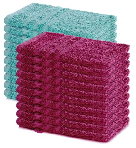 Lavea® 20er Set Waschhandschuh 15x21 cm – Bordeaux & Türkis | 100% Baumwolle, weicher Frottee Waschlappen, hautfre&lich, waschbar & strapazierfähig – Frottierserie Elena